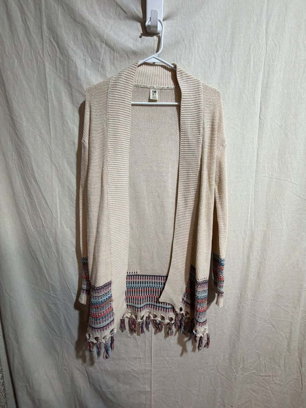 Roxy Open Front Knit Fringe Cardigan Ivory Beige Multicolored Striped Size Mediu